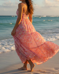Pink Floral Chiffon Spaghetti Strap Tiered Maxi Dress