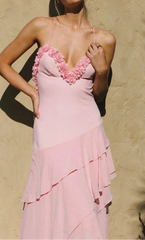 Pink 3D Flower Tie-Back Backless Ruffle Maxi Dress | Vacation Style Sexy Party Gown