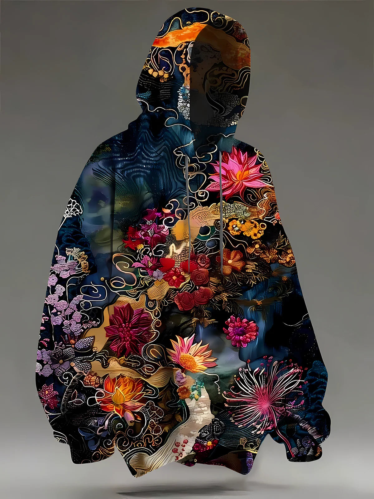 Unisex Vintage Floral Ethnic Art Long Sleeve Hooded Pocket Sweatshirt