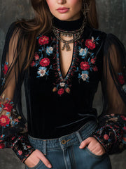 Retro Velvet Embroidered Mesh Stitching Blouse