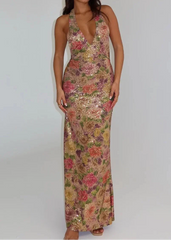 Floral Sequin Halter Gown - Backless Slim-Fit Lady-like Maxi Dress
