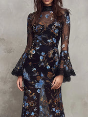 Black Floral Sheer Maxi Dress ¨C Lace-Trimmed Bell Sleeves & High Neck