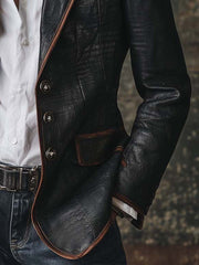 Vintage Black Eco Leather Blazer With Contrast Trim