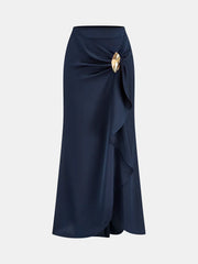 Asymmetric Ruffle Metal Detail Satin Maxi Skirt