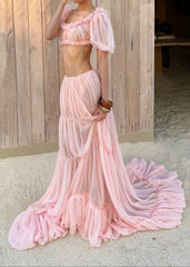 Puff Sleeve Backless Top & Tiered Maxi Skirt Set