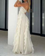 Cream White Halter Gold Rose Ruffled Backless Maxi Dress