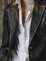 Vintage Black Eco Leather Blazer With Contrast Trim