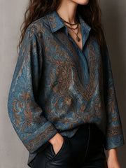 Retro Blue Bronze Baroque Paisley Print Loose Blouse
