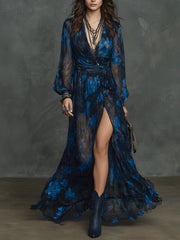 Bohemian Chiffon Elegant Midnight Floral Maxi Dress