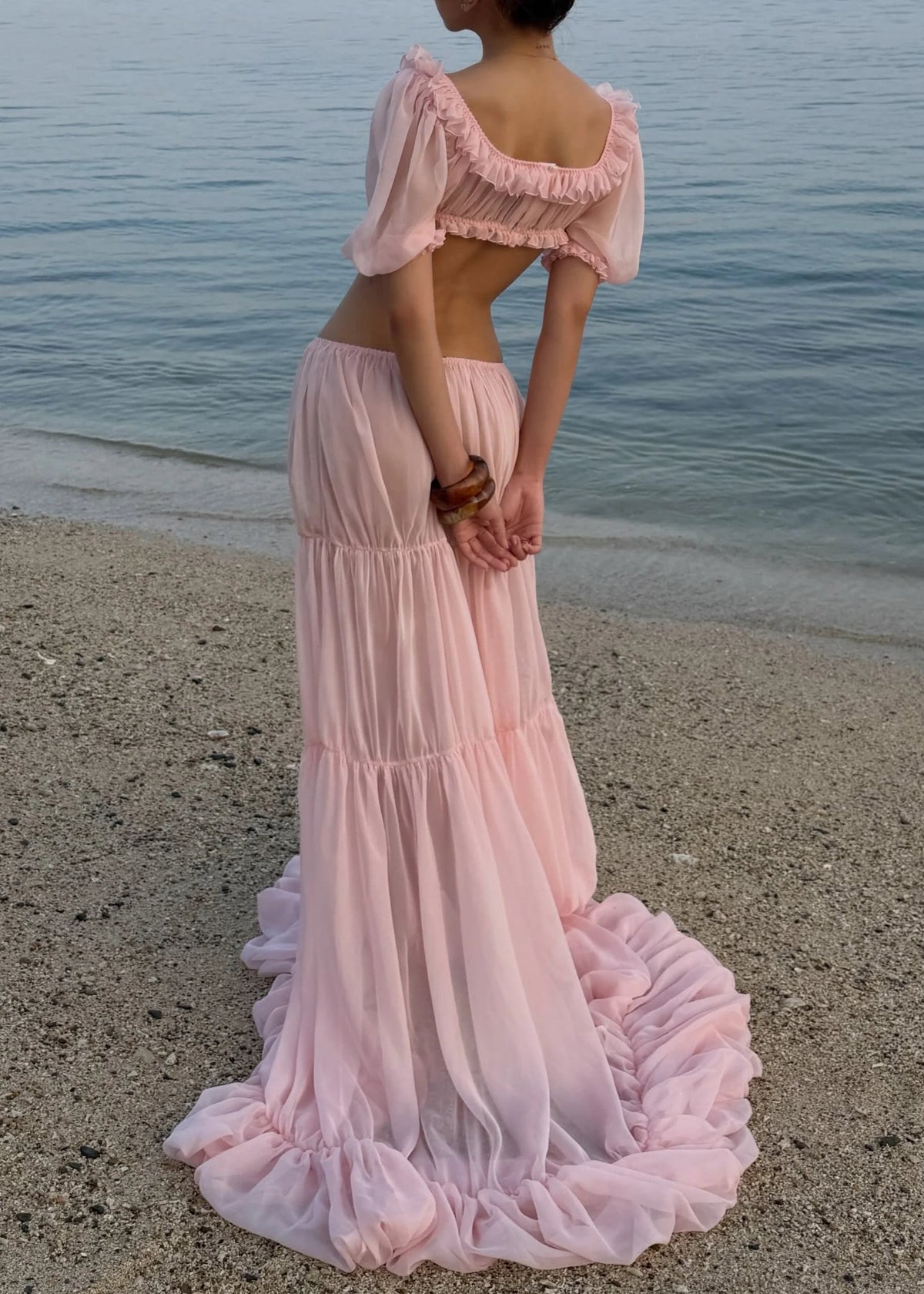 Puff Sleeve Backless Top & Tiered Maxi Skirt Set