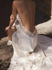 Spaghetti Strap V-Neck Lace Trim Open Back High Slit Satin Maxi Slip Dress