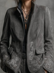 Boho Rock Stand Collar Embroidered Suede Jacket
