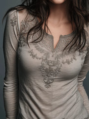 Bohemian Style Embroidered Gray Long-sleeved T-shirt