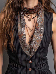 Vintage Stripe Tailored Vest With Printed Lapel