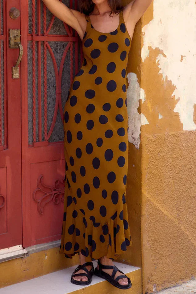 Caramel Polka Dot Cami Mermaid Maxi Dress