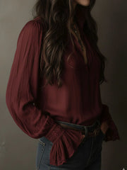 Boho V-Neck Deep Wine Red Blouse With Lace Cuffs