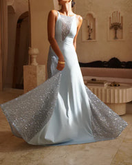 Light Blue Halter Neck Open Back Sequin Panel Drape Maxi Dress | Luxury Elegant Evening Gown