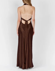 Cross Halter Open Back Tie-Back Solid Satin Maxi Slip Dress