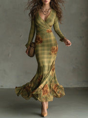Retro Plaid Rose Print Slim Fit Fishtail Cotton Blend Maxi Dress