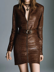 Chocolate Brown Zip-Up Eco Croc-Embossed Leather Mini Dress