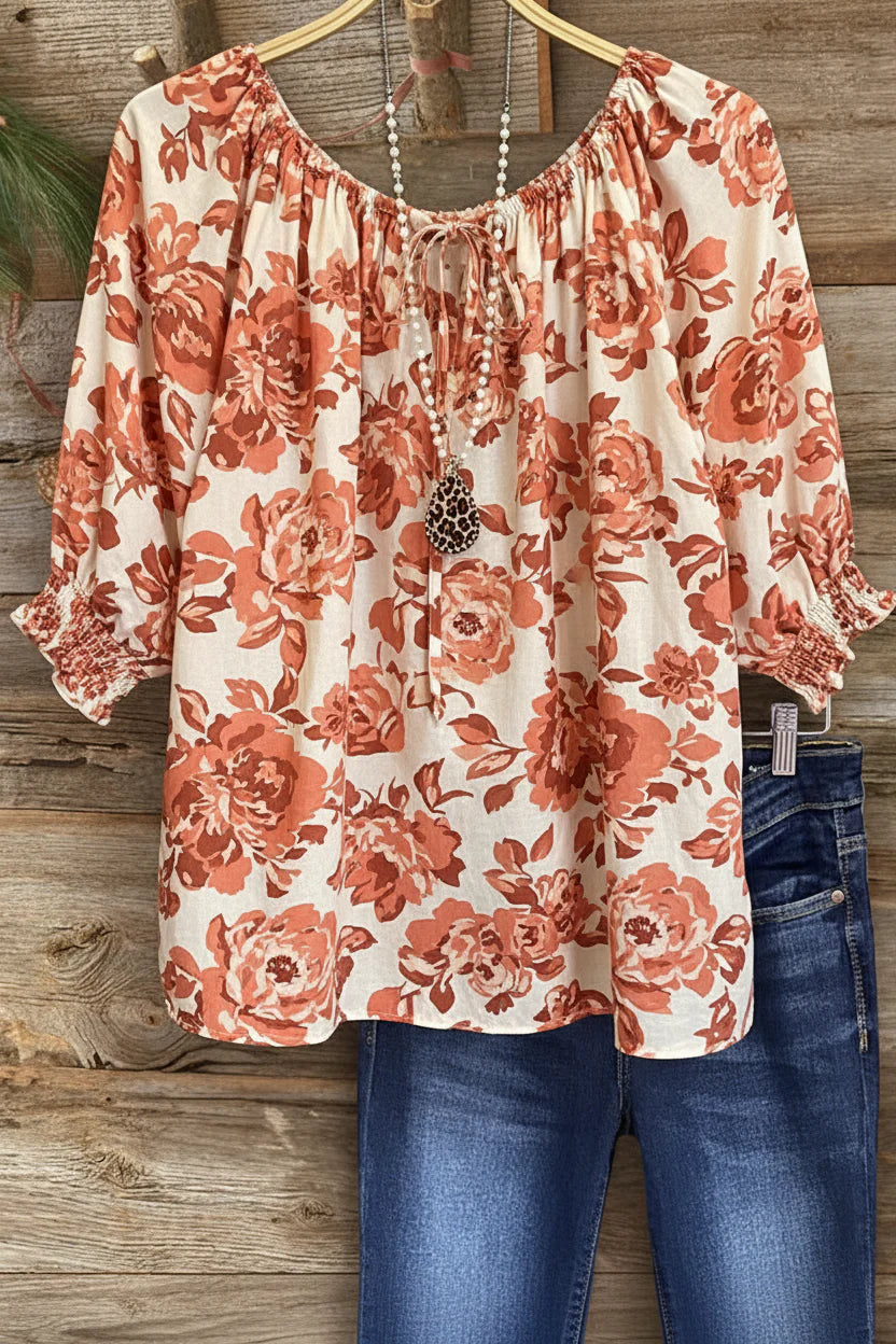 Rose Floral Gathered Cuff Peasant Top