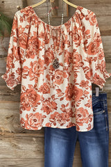 Rose Floral Gathered Cuff Peasant Top