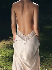 Spaghetti Strap V-Neck Lace Trim Open Back High Slit Satin Maxi Slip Dress