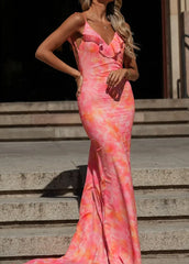 Spaghetti Strap Ruffle Open Back Ruched Abstract Print Mermaid Maxi Gown
