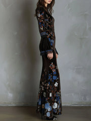 Elegance Midnight Velvet Floral Gown With Lace Trim