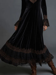 Retro Gold Velvet Lace Splicing Maxi Dress
