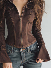 Retro Zippered Ruffled Cuff Denim Blouse