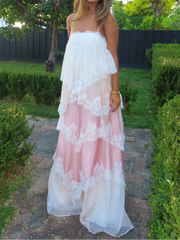 Pink & White Ombre Lace Layered Spaghetti Strap Cake Maxi Dress