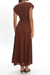 Caramel Floral Print V-Neck Cap Sleeve Ruched Waist Fitted Midi Dress