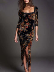 Vintage Lace-trimmed Slit Hem Floral Leopard Print Polyester Satin Midi Dress