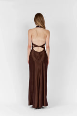 Cross Halter Open Back Tie-Back Solid Satin Maxi Slip Dress