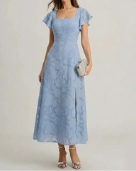 Dusty Blue Square Neck Flutter Sleeve Burnout Floral Back Tie Slit Midi Dress