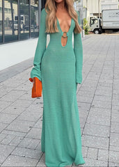 Crochet Knit Plunge Ring Detail Maxi Dress