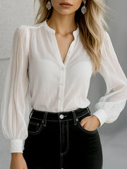 Chic Crew Neck Sheer Sleeves Button Down Shirt