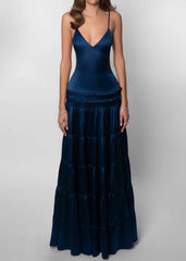 Deep V Backless Tiered Satin Maxi Dress
