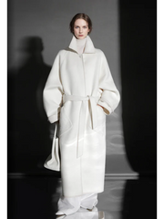 Chain Pattern Wool Coat for Women – Double-Faced Alpaca Wool Overcoat with Leather Trim, Chic Oversized Silhouette Winter Outerwear