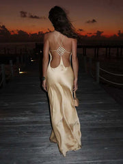 Champagne Gold Satin Backless Halter Dress