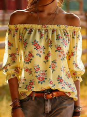 Yellow Floral Off-Shoulder Blouse - Romantic Garden Balloon Sleeve Top