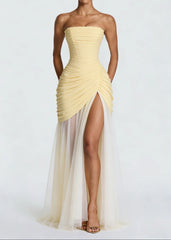 Butter Yellow Strapless Ruched High-Slit Tulle Maxi Gown