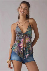 Chiffon Tie Halter Ruffle Blouse