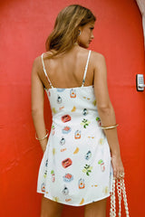 White Printed Spaghetti Strap Mini Dress