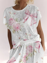 Ladies Pink Bow Flower Lounge Suit
