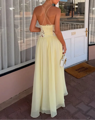 Cream Yellow 3D Floral Lace Patchwork Cross Backless Ruched Waist Flowy Maxi Vacation Dress