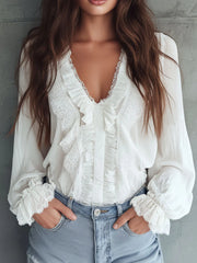 Vintage Victorian V-Neck Ruffle Lace Blouse