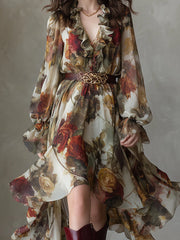 Boho Holiday Print Ruffle Neckline High Low Hem Chiffon Midi Dress