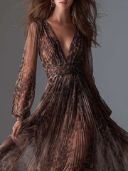 Leopard Chiffon Pleated Maxi Dress
